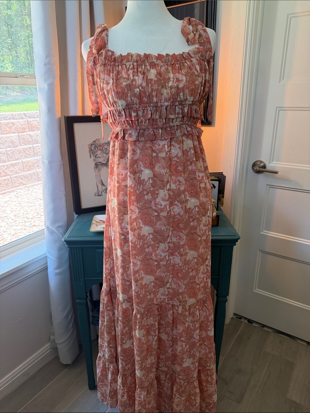 ASTR The Label Smocked Floral Tie Shoulder Maxi Dress in Dusty Coral